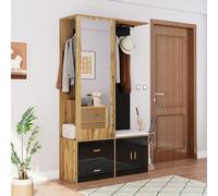 BNUZ Set appendiabiti nero e colore legno, con specchio, 100 x 180 cm, scarpiera, con gancio e asta appendiabiti estraibile