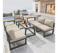 BNUZ Set di divani modulari per esterni, beige, con schienale regolabile, braccioli pieghevoli e contenitori per ghiaccio in metallo, 10 cm di spessore, cuscino per terrazza, balcone, zona piscina