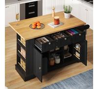 BNUZ Tavolo da cucina mobile 90 x 130 cm, colore nero + naturale, stile rustico - piastra pieghevole, armadio multifunzione, 1 cassetto, portaspezie, 5 rotoli, cucina/cibo