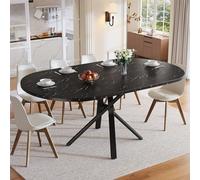 BNUZ Tavolo rotondo allungabile con effetto marmo, 100 x 140 cm, con robusta struttura in metallo X di colore nero, ideale come tavolo da cucina o tavolo per la colazione