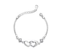 Bo&Pao Bracciale donna con Due Cuori, in Sterling Argento 925, con Zirconia Cubica, 20 cm, regolabile