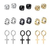 Bo Win Orecchini Clip Donna Bambina Uomo Senza Buco, Diamante Finto Croce Cerchio Pendenti Argento Nero Oro, 9 Paia Acciaio Inossidabile