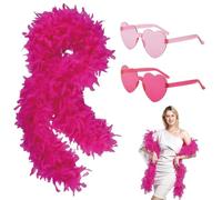 Boa di piume rosa, boa di piume con 2 occhiali da sole senza montatura a cuore, 2 m, piume di tacchino naturali rosa sciolte, sciarpa di piume per carnevale, Halloween, cosplay, feste (rosa)