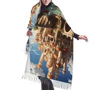 BOAIHH Sciarpa con frange in peluche, versatile, con stampa di castelli anime, scialle per autunno inverno, calore e stile all'aperto