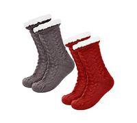 Boao 2 Paia Donne Calzini Caldi Natali Calzini Sfocato Foderati in Pile Calzino Antiscivolo (Grigio e Rosso)