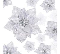 Boao 24 Pezzi Fiori di Natale Artificiali Stella di Natale Glitterata Decorazioni Stella di Natale Ornamenti dell'Albero di Natale di Matrimonio, 3/4/ 6 Pollici (Argento)