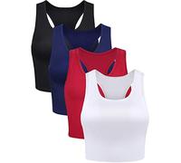 BOAO 4 Pezzi Canottiere per Raccolto di Base Senza Maniche Racerback Crop Sport Top in Cotone per Donna (Nero, Bianco, Rosso Vino, Blu Navy, Medio, Medium)