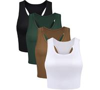 BOAO 4 Pezzi di Base Crop Canotte Senza Maniche Racerback Crop Sport Top per Le Donne, Dark Green, Black, White, Chocolate, L