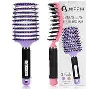 Boar Bristle Hair Brush Set of 2, HIPPIH Wet & Dry Hair Brushes Made by Fine Natural Boar Hair Can Adds Shine and Smoothing Hair, Detangling Hairbrush for Women, Men & Kids' Long Curly Thick Hair