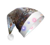 BOAXXL Cappello natalizio con LED - Cappello di Babbo Natale in peluche con stampa alla moda con fiori città, design morbido sulla pelle per festival e feste