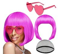 Bob Parrucche,Flat Frange Parrucche Donna,Parrucca Rosa con Occhiali da Sole a Forma di Cuore Senza Bordi,per Spettacolo Teatrale,Carnevale,Halloween,Festa