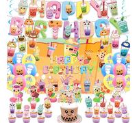Boba Tea Party Decorazioni Bubble Tea Decorazioni di compleanno include Boba Tea Birthday Banner, sfondo, spirali, centrotavola a nido d'ape, topper per torte, palloncini per bomboniere Boba Tea Party