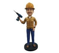 Bobblehead personalizzato, statuetta 3D da foto, lavoratore edile tuttofare, riparatore Bobbleheads, cappello duro e trapano elettrico, ornamento da scrivania, regali per appaltatori per compleanno e
