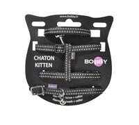 Bobby Safe - Kit Collare, Pettorina e Guinzaglio per Gatti XXS, Antifuga, Riflettente, Resistente, Nero, dimensione torace 19-30, girocollo 17-22 cm, spessore fettuccia 1 cm