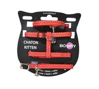 Bobby Safe - Kit Collare, Pettorina e Guinzaglio per Gatti XXS, Antifuga, Riflettente, Resistente, Rosso, dimensione torace 19-30, girocollo 17-22 cm, spessore fettuccia 1 cm