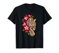 Bobcat con Rose del Deserto Ritratto Floreale Maglietta