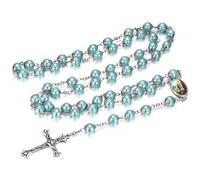 BOBIJOO JEWELRY - Chapelet Lourdes Rosaire Dizainier Perle Bleu Aigue-Marine Médaille Croix Vierge Marie