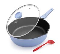 Bobikuke Padella da 28 cm con coperchio, padella in alluminio con bordi alti e manico rimovibile, adatta a tutti i tipi di fornelli | Resistente ai graffi | Antiaderente (blu)