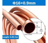 Bobina di rame morbido T2 da 1 m, diametro esterno 14/15,88/16 mm, tubo flessibile for condizionatori d'aria, HVAC, sistemi raffreddamento, impianti idraulici, senza saldatura pieghevole(Φ16x0.9 mm)
