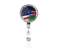 Bobina porta badge in metallo resistente con bandiera americana e del Sud Sudan, porta badge retrattile con clip da cintura per portachiavi, titolare della carta nome, insegnante dipendente