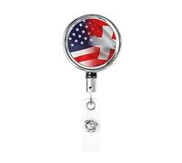 Bobina porta badge in metallo resistente con bandiera americana e svizzera, porta badge retrattile con clip da cintura per portachiavi dipendente insegnante