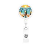 Bobina retrattile per badge con clip da cintura e portachiavi, clip per badge con nome, infradito e scena tropicale sulla spiaggia, porta carte d'identità, per impiegati, dottori, infermieri, badge