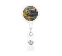 Bobina retrattile per badge con clip da cintura e portachiavi porta lotto, clip per badge con nome, paesaggio, albero, paesaggio, fattoria, porta carte d'identità, per impiegato, dottore, infermiera
