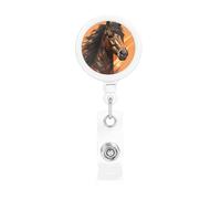 Bobina retrattile per badge con clip da cintura e portachiavi porta lotto, clip per badge con sfondo arancione con testa di cavallo, porta carte d'identità, per impiegati, dottori, infermieri