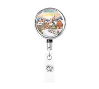 Bobine di badge in metallo retrattili ad acquerello magico villaggio di Natale porta badge resistente porta nome ID badge clip per ufficio, medico, infermiera, bobina per badge identificativo con clip