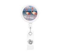 Bobine di badge retrattili con clip e portachiavi, divertenti e carine, fenicottero rosa che cammina sulla spiaggia, porta badge per impiegati, dottori, infermieri