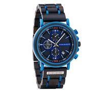 BOBO BIRD Orologio da uomo in legno elegante blu legno in acciaio inox con cronografo combinato con puntatori luminosi, orologio alla moda per uomo/padre/marito/figlio, -, Cronografo