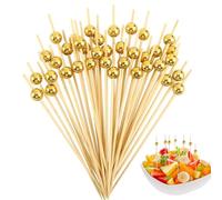 BOBOZHONG 100 Stuzzicadenti per Cocktail in bambù, 12 cm - Spiedini per Antipasti, Stuzzicadenti Eleganti con Perla Dorata, Decorazioni per Feste, Sandwich, Frutta, (Oro)