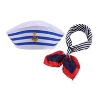 BOBOZHONG Cappello da Capitano,Cappello da Capitano a Strisce,Cappello da Marinaio e Sciarpe,Costume da Marinaio per Uomo e Donna,Blu e Bianco a Righe Cappello Marinaio,Cosplay Halloween Carnevale.