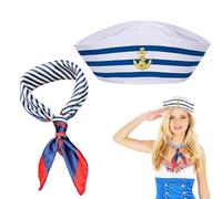 BOBOZHONG Costume Capitano Marinaio,Cappello e Sciarpa da Marinaio a Righe,Set Costume da Capitano dello Yacht,per Festa in Costume Feste a Tema Nautico Yacht Cosplay Halloween Carnevale