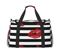 Bocca rossa stampata in bianco e nero stampa strisce borsa weekender, borsa da palestra con, bagaglio a mano borsa per il fine settimana durante la notte, borsone
