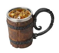 Boccale da birra a botte, stile vintage, stile rustico, 550 ml, imitazione legno, a prova di perdite, in acciaio inox, con manico, fatto a mano, per cocktail medievali