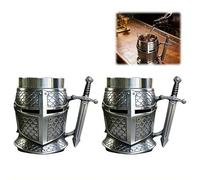 Boccale da birra con elmo cavaliere con manico a spada medievale Warrior Tankard Cup per caffè e birra, rivestimento in acciaio inox e armatura a squame di pesce, regalo unico, per uomini, papà