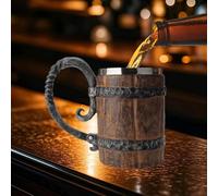 Boccale da birra in legno, stile vintage in legno con manico, tazza in acciaio inox a doppia parete, tazza da bere per uomo, bar, ristorante, accessori rinascimentali