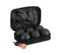 Relaxdays Set di Bocce da Gioco, 6 Sfere in Acciaio con Boccino Bersaglio in Legno, Misuratore Distanza, Custodia, Nero, Nylon, D: 72 mm