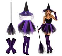 Bocguy Costume da Strega Donna 5PZ, Cappello, Scopa, in Tulle, Cosplay