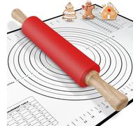 BOCHION Mattarello Antiaderente in Silicone, Mattarello con Manici in Legno, con Tappetino da Forno in Silicone, Mattarello Acciaio Inox per Pasta, Pizza, Biscotti, Pasticceria, Fondente (43cm)