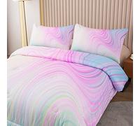 Bodhi Set di biancheria da letto con motivo marmorizzato colorato, per ragazze, colori acquerello, rosa pastello, blu, viola, set di biancheria da letto in marmo luminoso, 2 pezzi (doppio)