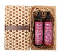 Bodhi® Set regalo per cosmetici naturali, mela granata, 2 x 250 ml, include latte per il corpo e gel doccia, confezionato in una bella scatola in foglia di palma fatta a mano, per uomo e donna,