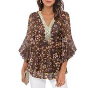 Bodhi talk Camicetta elegante da donna con maniche a 3/4 in pizzo e glitter, tunica con scollo a V, camicia a doppio strato in mesh, top festivo perfetti per il quotidiano e per le feste, M