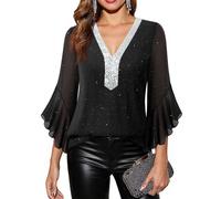 Bodhi talk Elegante camicetta da donna con maniche a 3/4 con volant, con glitter, scollo a V, a doppio strato, ideale per tutti i giorni e per le feste, Stelle nere lucide, XL