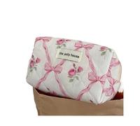BODOBTF Borsa per il trucco in cotone con fiocco carino Fiore Quilting Donne Zipper Organizzatore Cosmetico Borsa in stoffa femminile Borsa da toilette portatile per ragazze, Borsa Rosa-ottagonale,