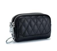 BODOBTF Mini portamonete in vera pelle porta carte d'identità da donna piccolo portafoglio corto con due cerniere borsa portatile per il trucco, Nero , Taglia unica