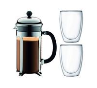 BODUM CHAMBORD Set cafetiere a piston - 8 tasses - 1L - Gris - Avec 2 verres double paroi Pavina 0,35l