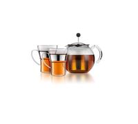 BODUM K1801-16CAR ASSAM SET - Teiera a pistone, coperchio e filtro in acciaio inox, 1,0 l, con 2 tazze in vetro manico in acciaio inox, 0,35 l