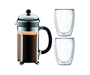 BODUM - K1928-16-1 - CHAMBORD Set - Caffettiera a pistone, 8 Tazze, 1.0 l, e 2 Bicchieri a Doppia Parete PAVINA 0.35 l